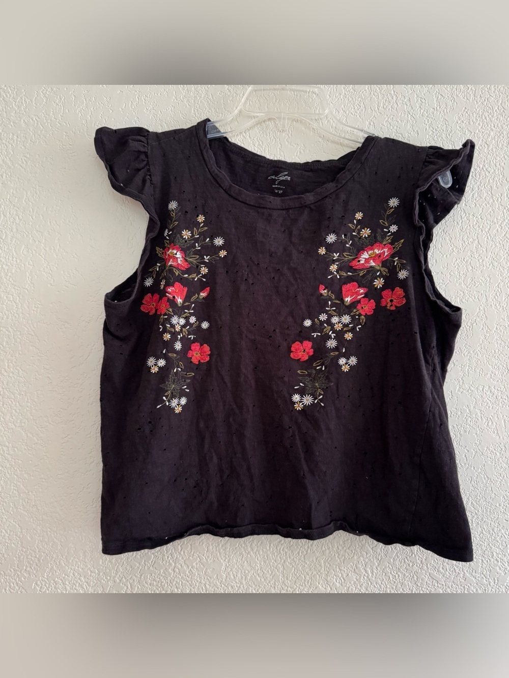 Alya Black Red Floral Top Flutter Sleeve Intentional Holes Dark Boho Grunge L - Picture 2 of 8
